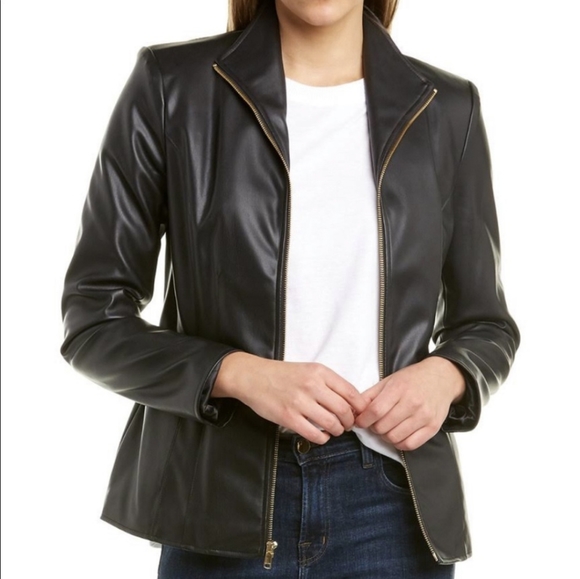 Cole Haan | Black Vegan Leather Gold Zipper Timeless Jacket Women's Size M - Picture 2 of 6